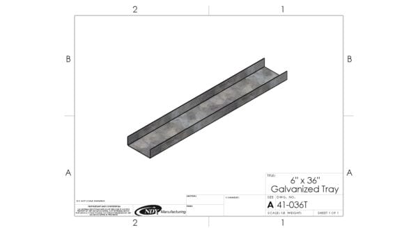 A drawing showing the dimensions of a Galvanized Tray - 6"W x 36"L.