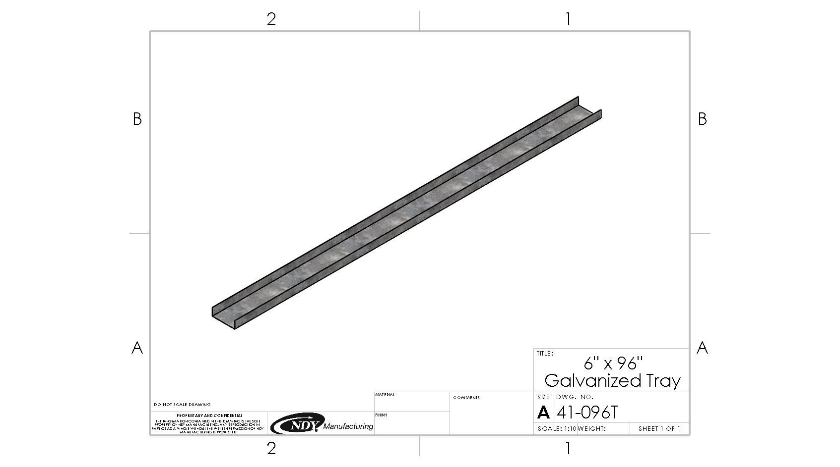 A drawing of a Galvanized Tray - 6"W x 96"L.