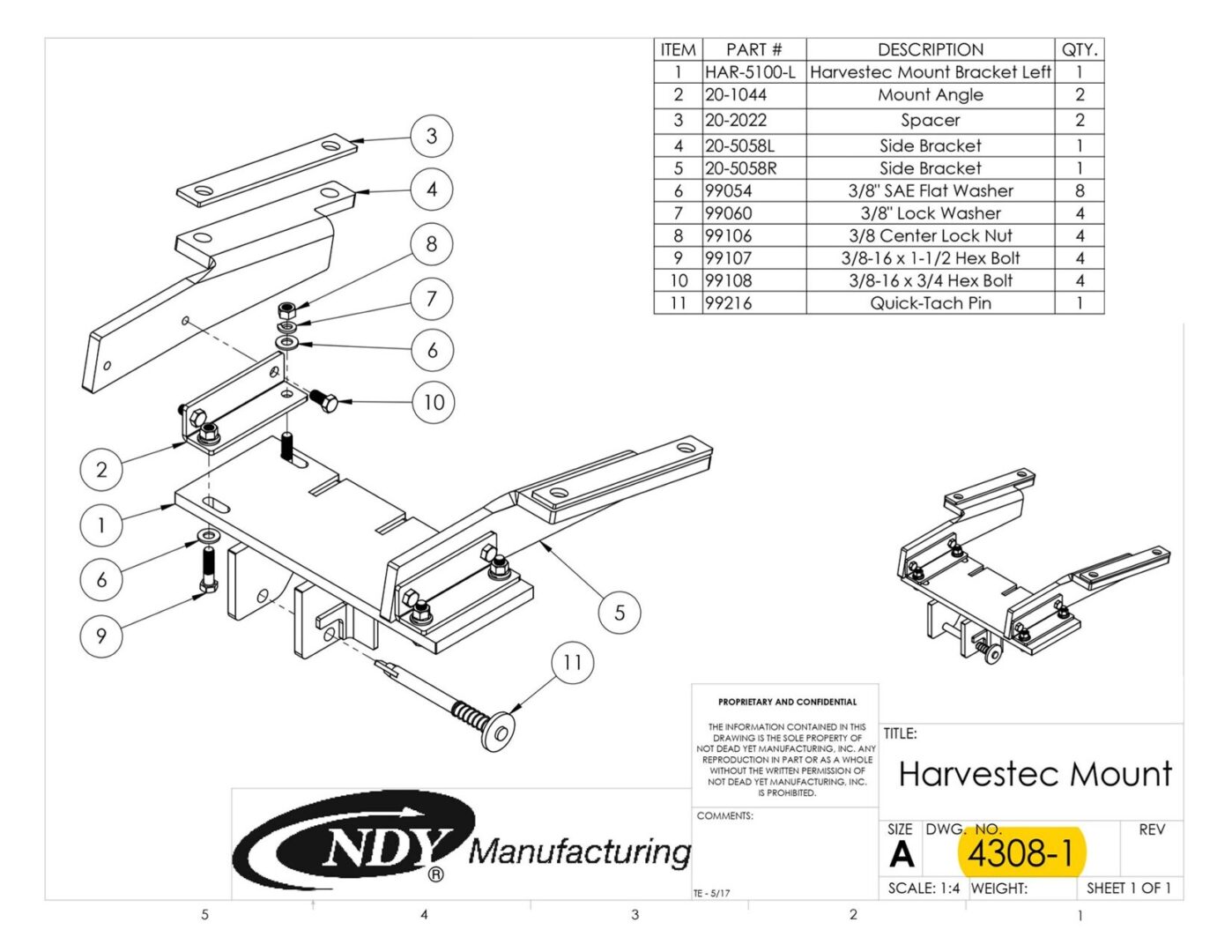 A diagram showing the parts of the Stalk Stomper Mount Assembly for Rows 1 and 3 on Harvestec 4308 Series Corn Head.