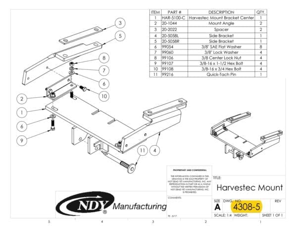 A diagram showing the parts of a Stalk Stomper Mount Assembly for Row 5 on Harvestec 4308 Series Corn Head.