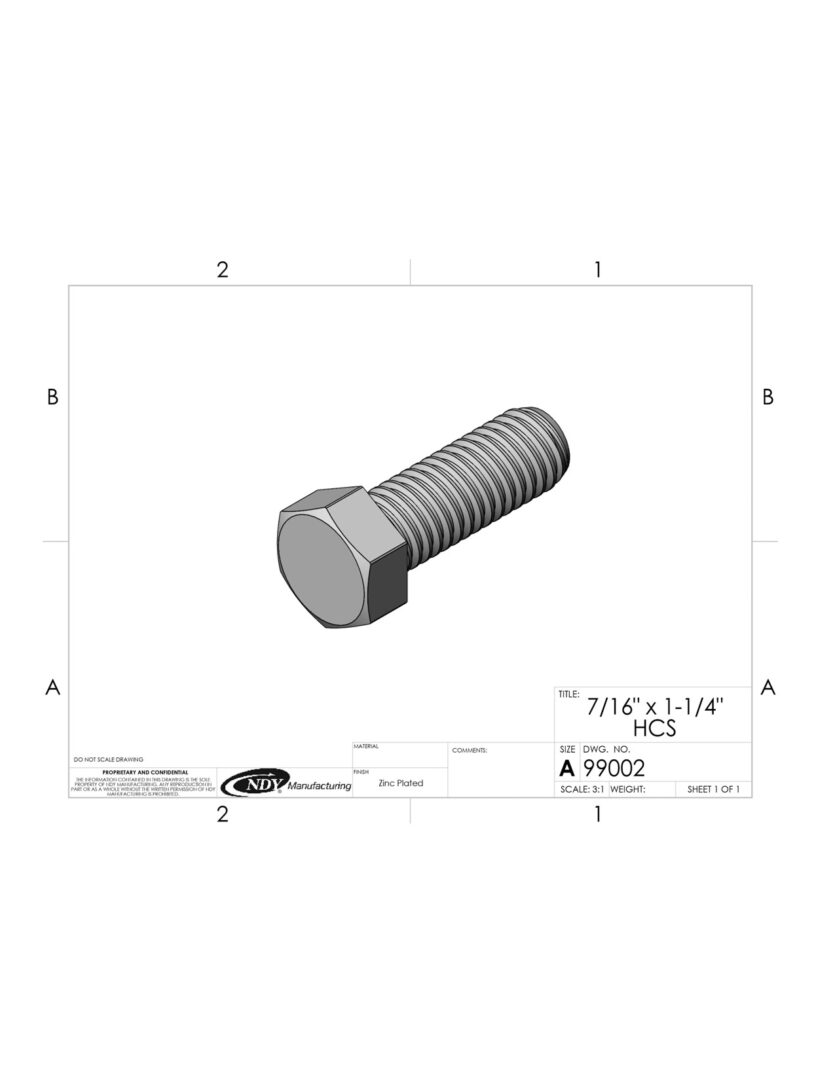 A drawing of a 7/16"-14 x 1-1/4" Hex Cap Screw on a sheet of paper.