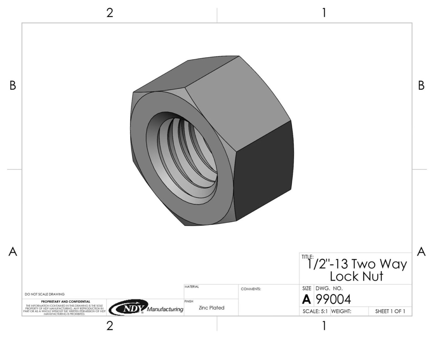 A drawing of a 1/2"-13 Two Way Lock Nut, Center Lock.