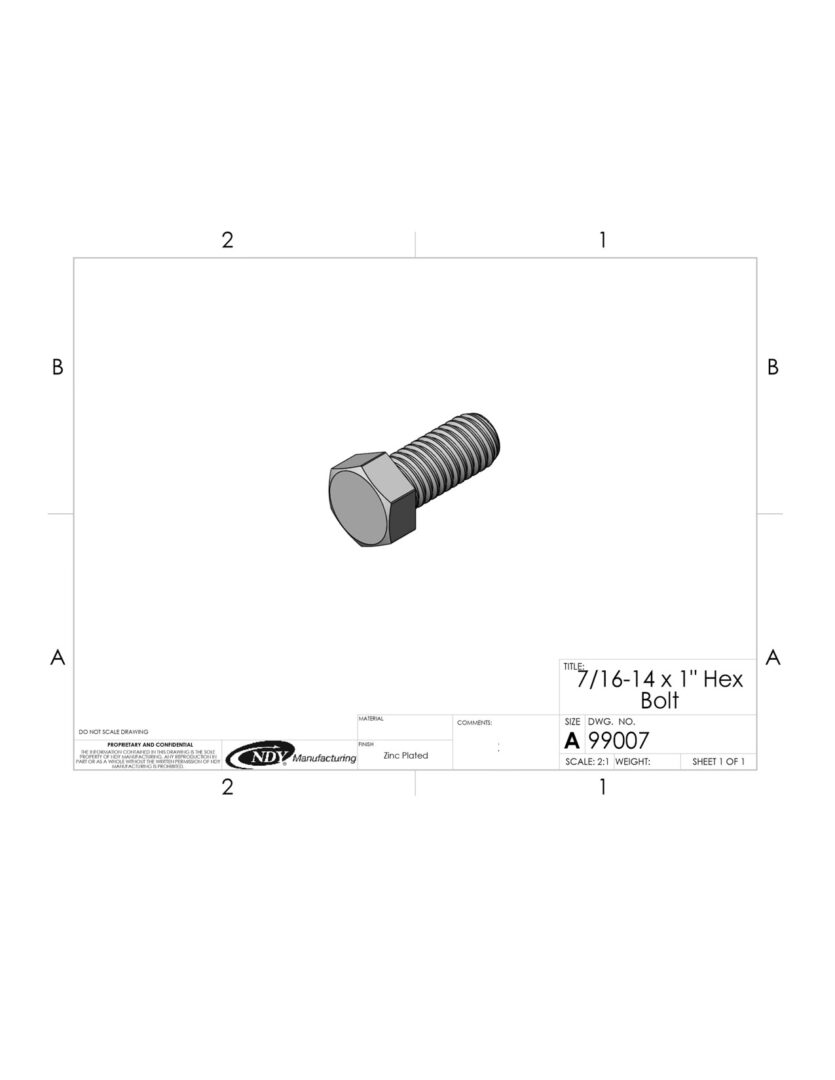A black and white drawing of a 7/16"-14 x 1" Hex Bolt.