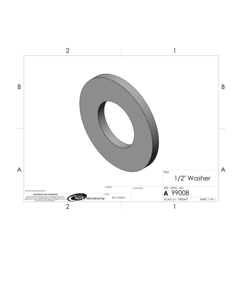 A drawing of a 1/2" Zinc Plated Washer with a hole in it.