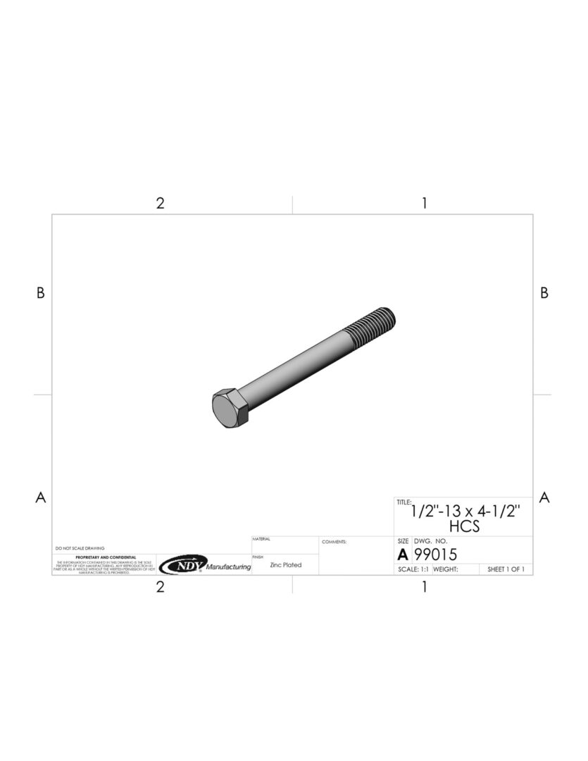 A drawing of a 1/2"-13 x 4-1/2" Zinc Finish SAE J429 Grade 5 Hex Bolt on a sheet of paper.