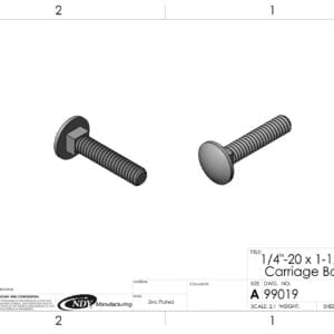 A drawing of a 1/4"-20 x 1-1/4" Grade 5 Carriage Bolt.
