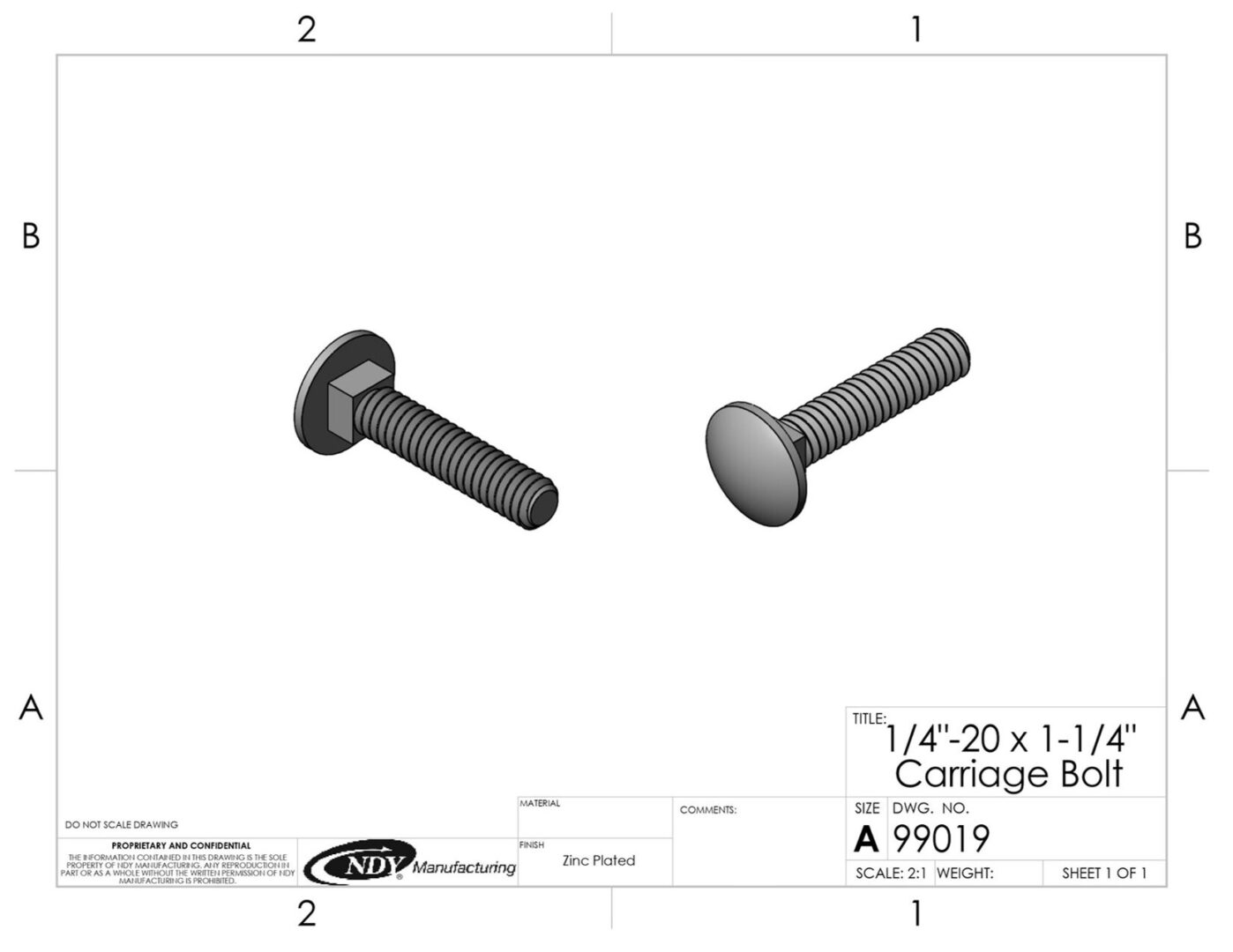 A drawing of a 1/4"-20 x 1-1/4" Grade 5 Carriage Bolt.