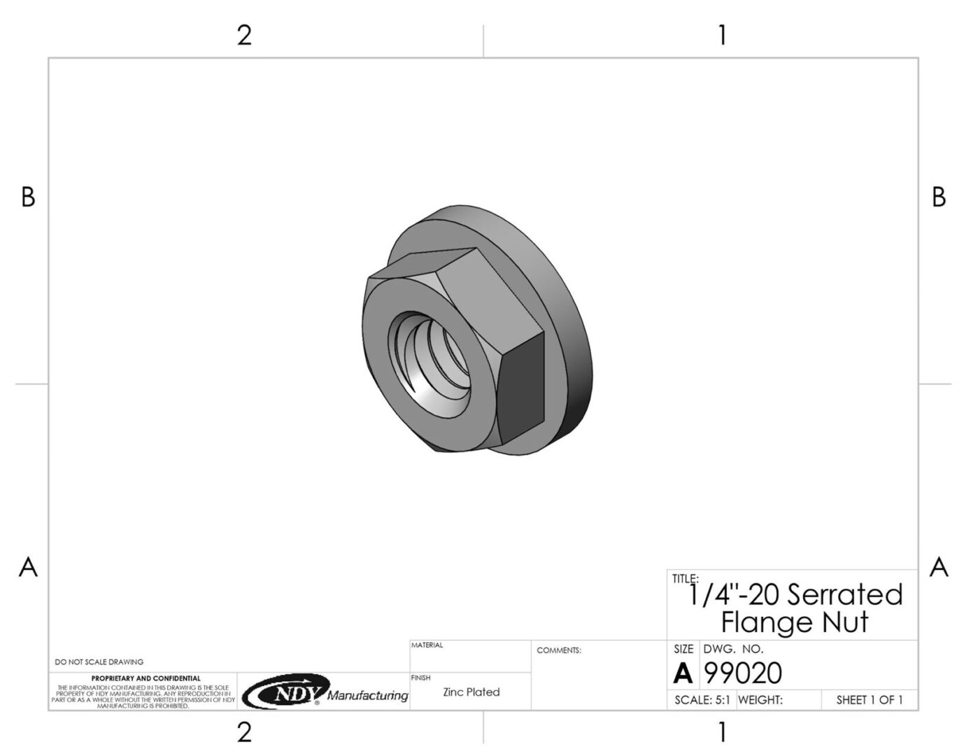 A drawing of a 1/4"-20 Serrated Flange Nut.
