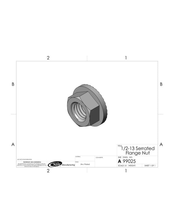 A drawing of a 1/2"-13 Serrated Flange Nut on a sheet of paper.