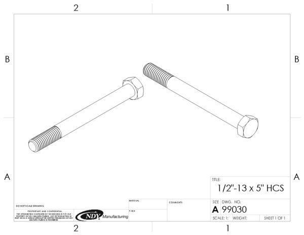 A drawing of a 1/2"-13 x 5" Zinc Finish SAE J429 Grade 5 Hex Cap Screw.