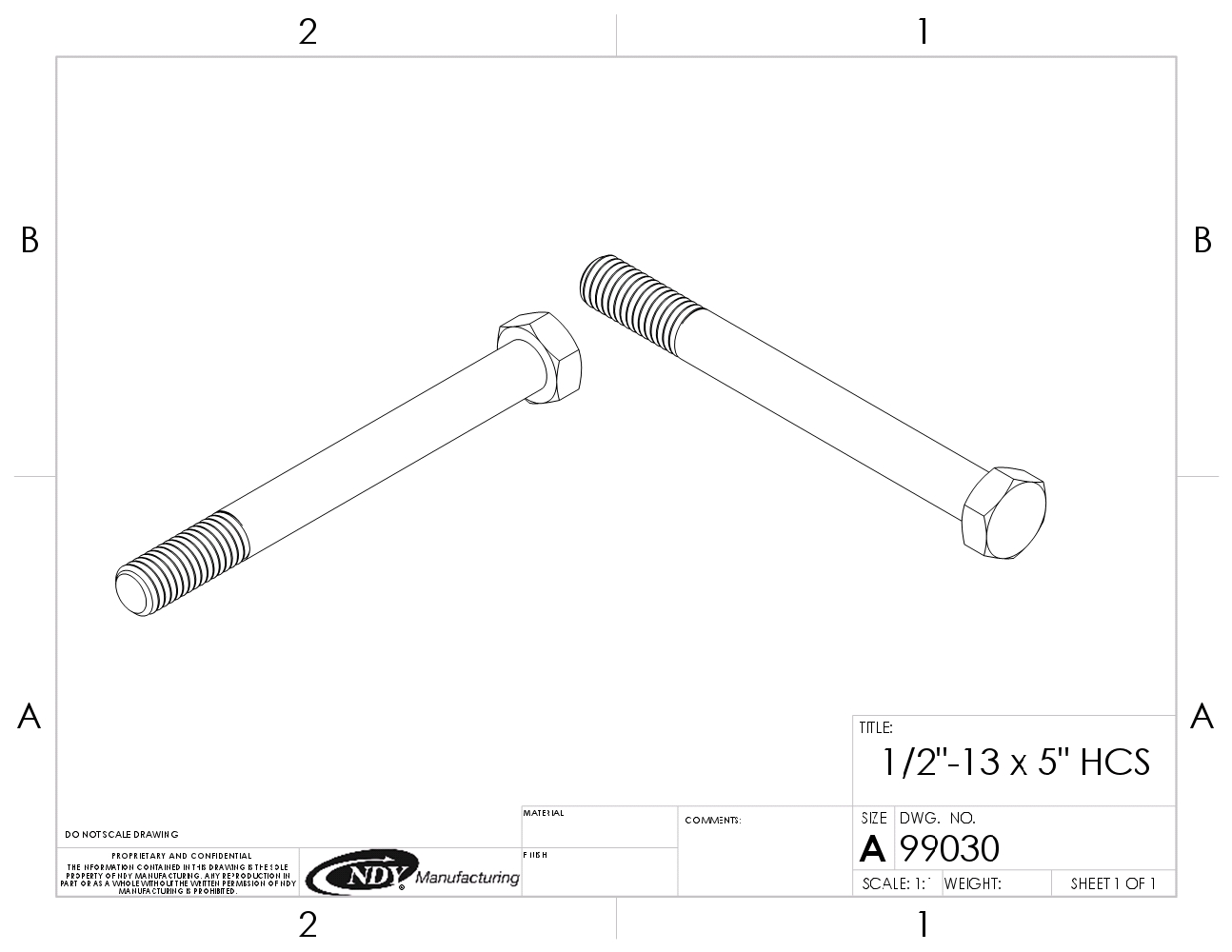 A drawing of a 1/2"-13 x 5" Zinc Finish SAE J429 Grade 5 Hex Cap Screw.