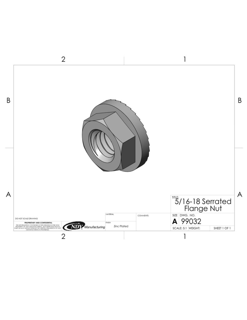 A drawing of a 5/16"-18 Serrated Flange Nut on a sheet of paper.