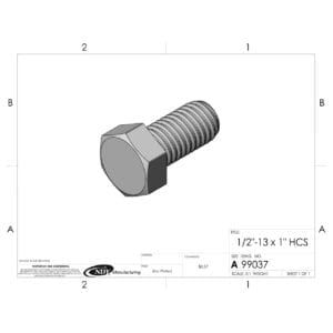 A drawing of a 1/2"-13 x 1" HCS bolt on a sheet of paper.