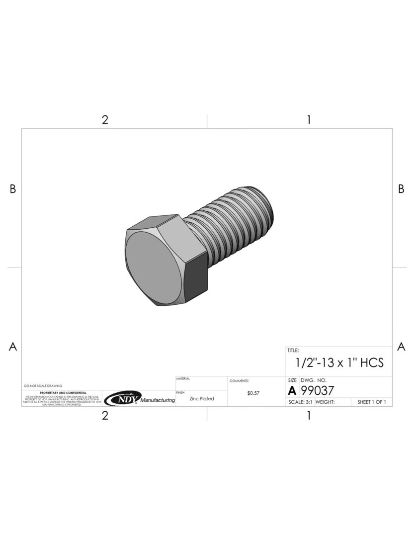 A drawing of a 1/2"-13 x 1" HCS bolt on a sheet of paper.