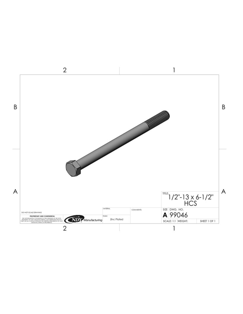 A drawing of a 1/2"-13 x 6-1/2" Hex Bolt with a hole in it.