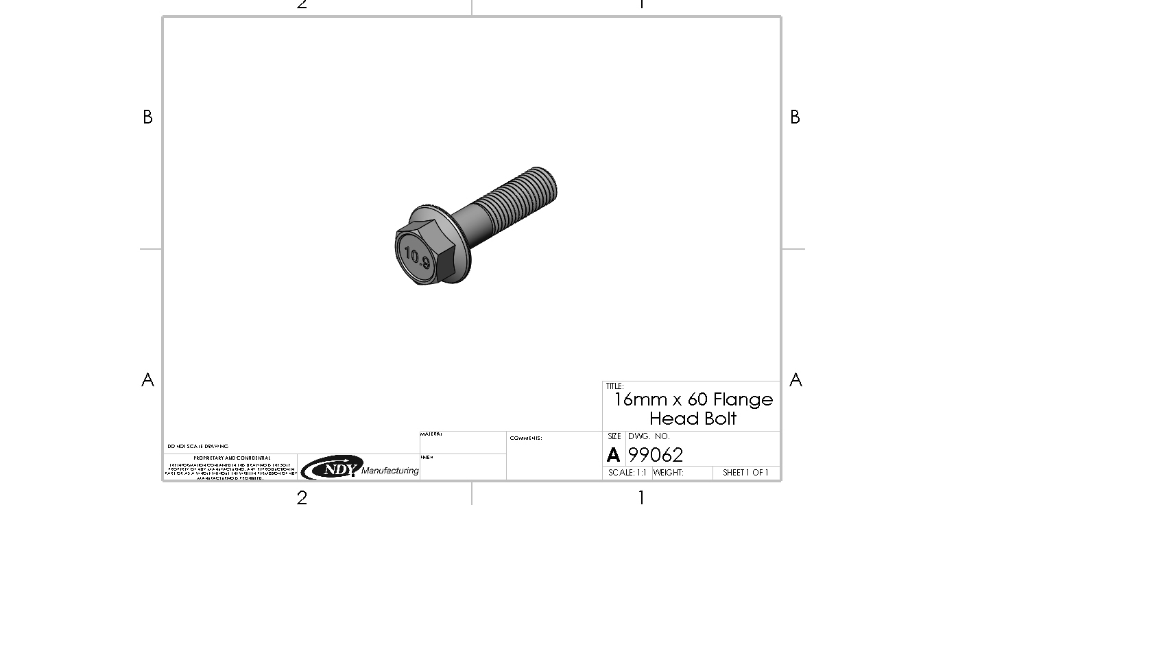 A drawing of a 16MM x 60 Flange Head Bolt with a hole in it.