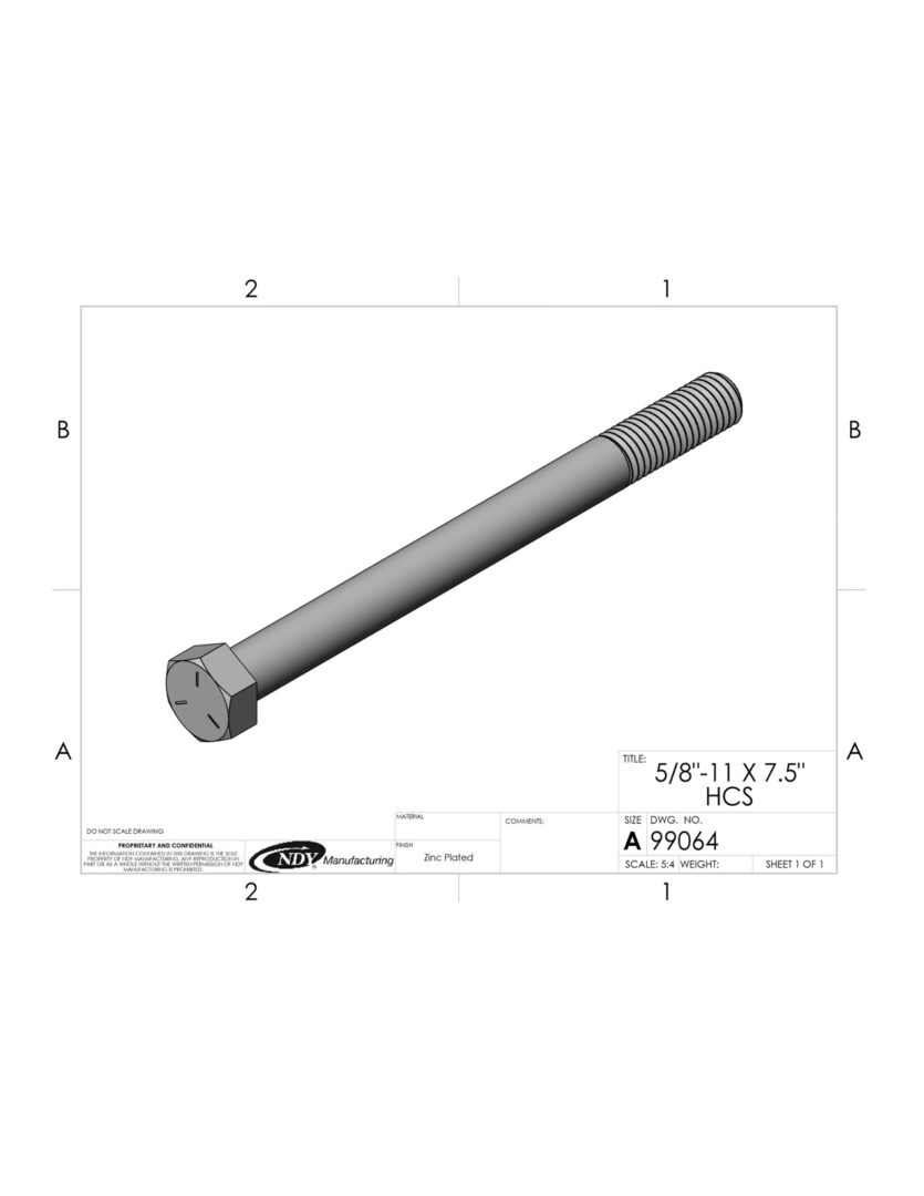 A drawing of a 5/8"-11 X 7.5" HCS bolt and nut.