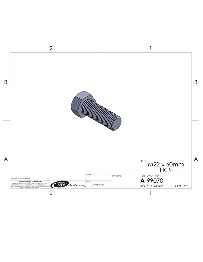A drawing of a M22 x 60mm HCS bolt and nut.