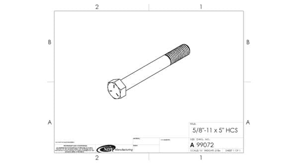 A drawing of a 5/8" - 11 x 5" HCS screw on a sheet of paper.