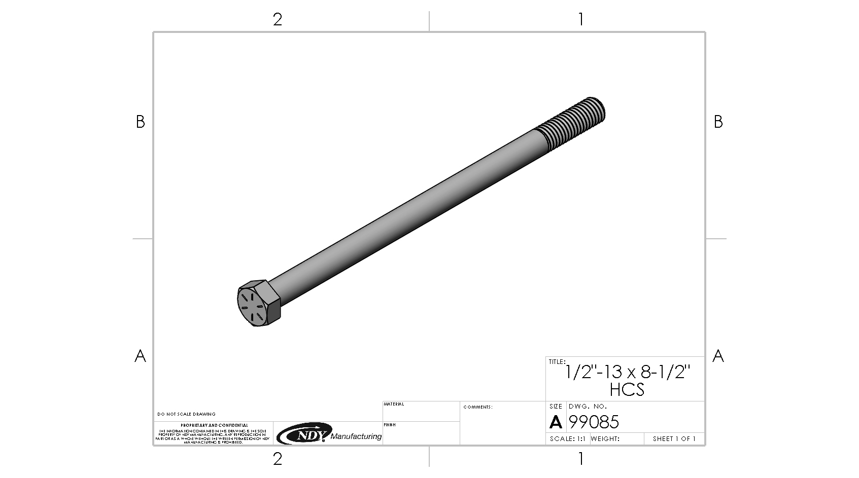 A black and white drawing of a 1/2" - 13 x 8 - 1/2" Hex Cap Screw.