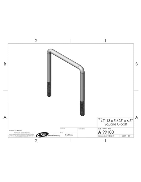 A drawing of a 1/2"-13 x 5.625" x 6.75" Square U-Bolt for a bicycle rack.