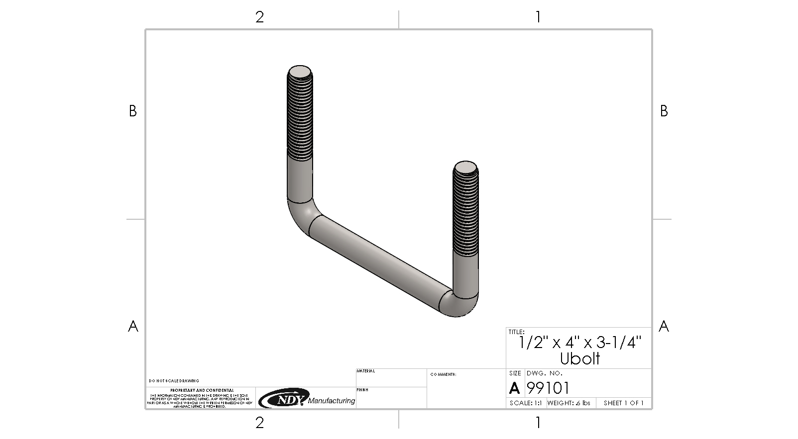 A drawing of a 1/2" x 4" x 3-1/4" Ubolt with a screw on it.