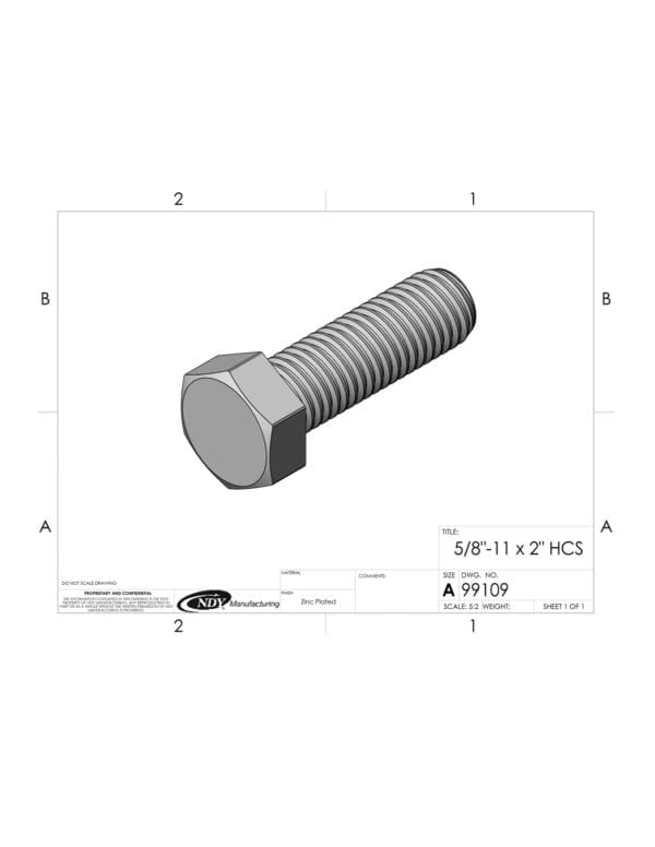 A drawing of a 5/8" - 11 x 2" Hex Bolt on a sheet of paper.