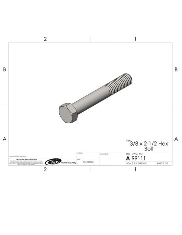 A drawing of a 3/8" x 2-1/2 " HCS bolt on a sheet of paper.