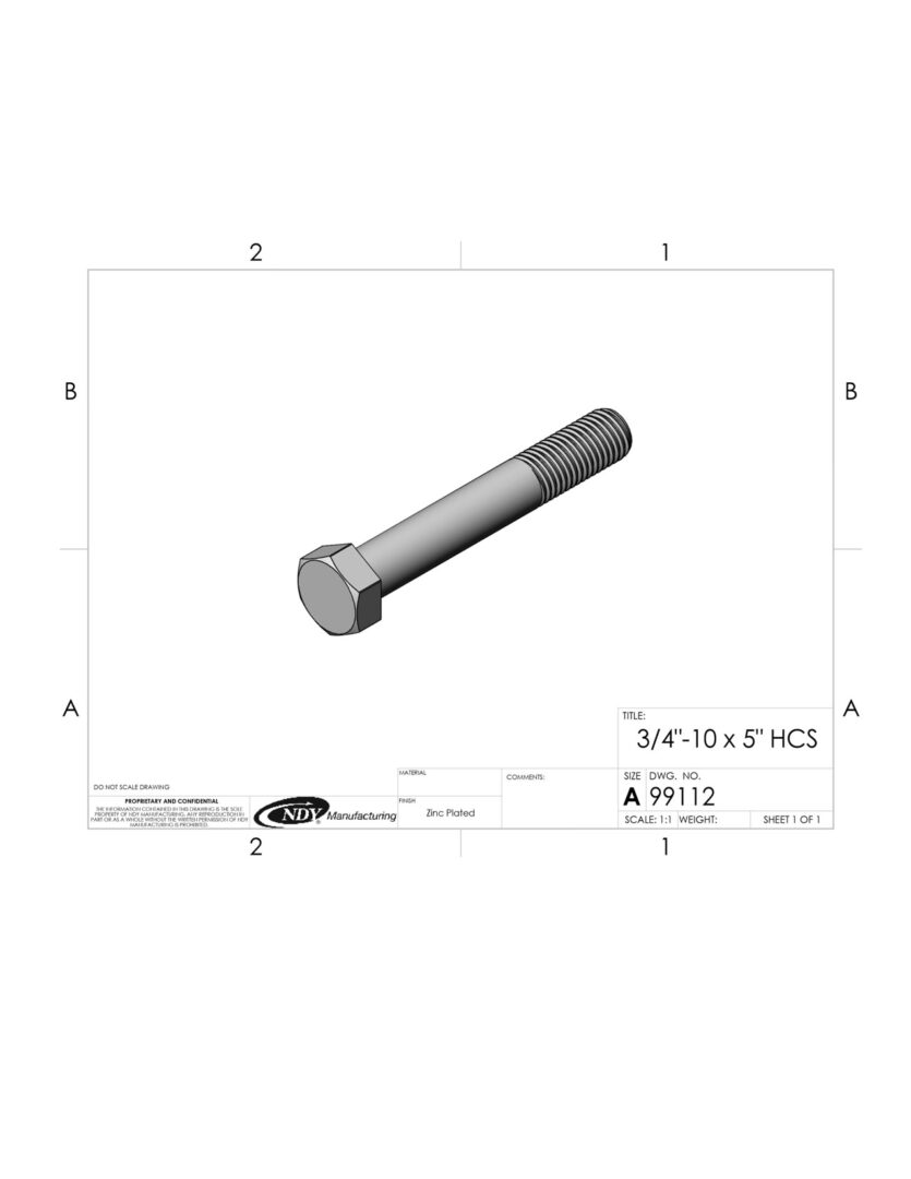 A drawing of a 3/4"-10 x 5" Hex Bolt on a sheet of paper.