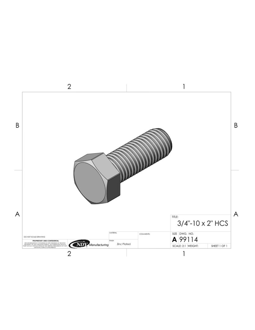 A drawing of a 3/4"-10 x 2" Hex Bolt on a sheet of paper.