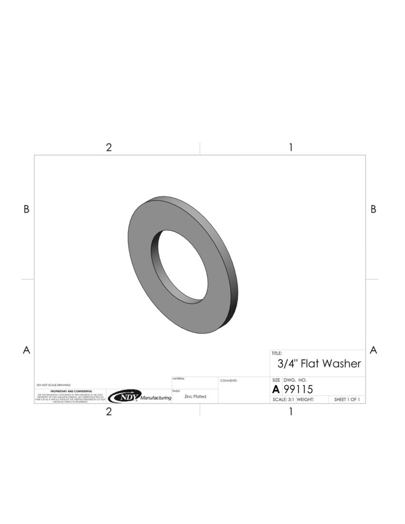 A drawing of a 3/4" Flat Washer with a hole in it.