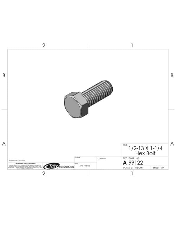 A drawing of a 1/2"-13 x 1-1/4" Hex Bolt on a sheet of paper.