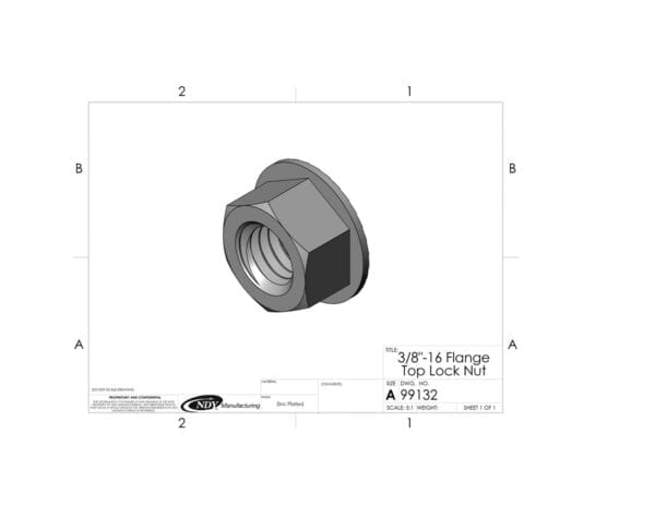 A drawing of a 3/8"-16 Flange Top Lock Nut with a 3/8"-16 Flange Top Lock Nut on it.