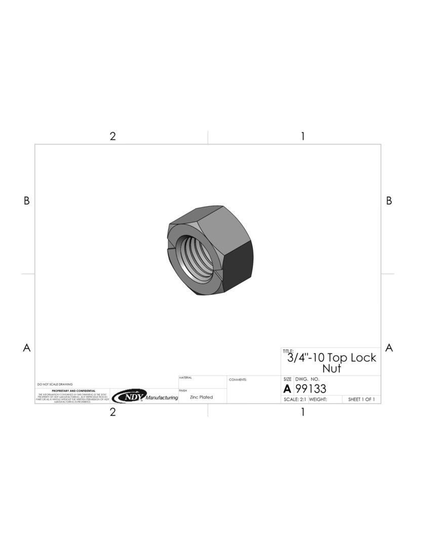 A drawing of a 3/4"-10 Top Lock Nut on a sheet of paper.