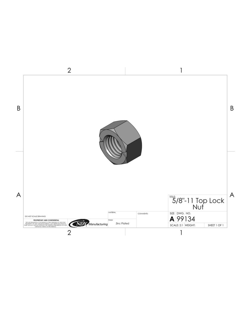 A drawing of a 5/8"-11 Top Lock Nut with a hole in it.