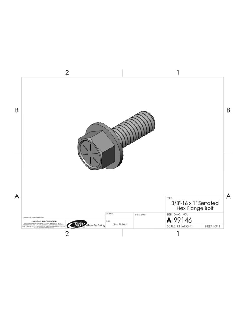 A drawing of a 3/8"-16 x 1" Serrated Hex Flange Bolt on a sheet of paper.