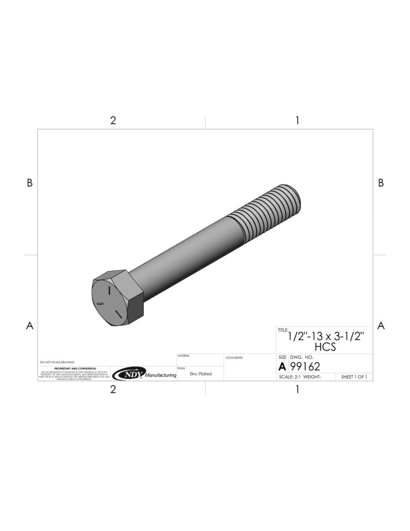 A drawing of a 1/2"-13 x 3-1/2" Hex Bolt.