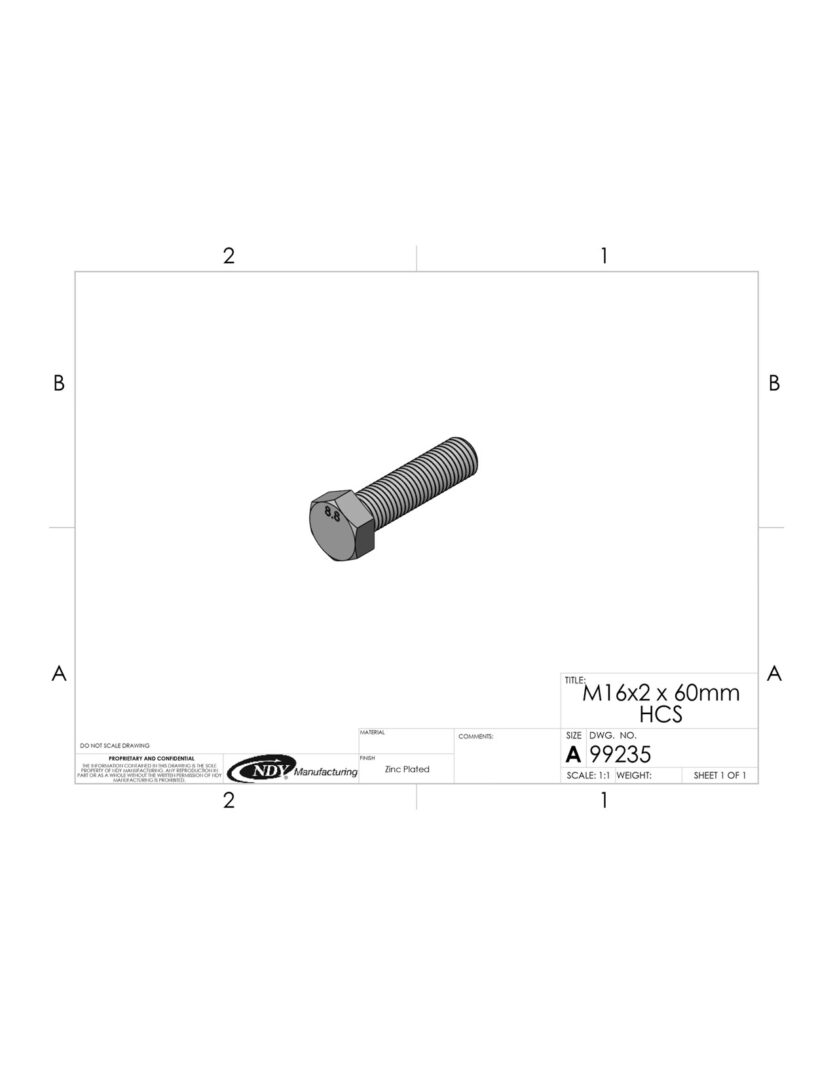 A black and white drawing of an M16 x 2 x 60MM Hex Bolt.