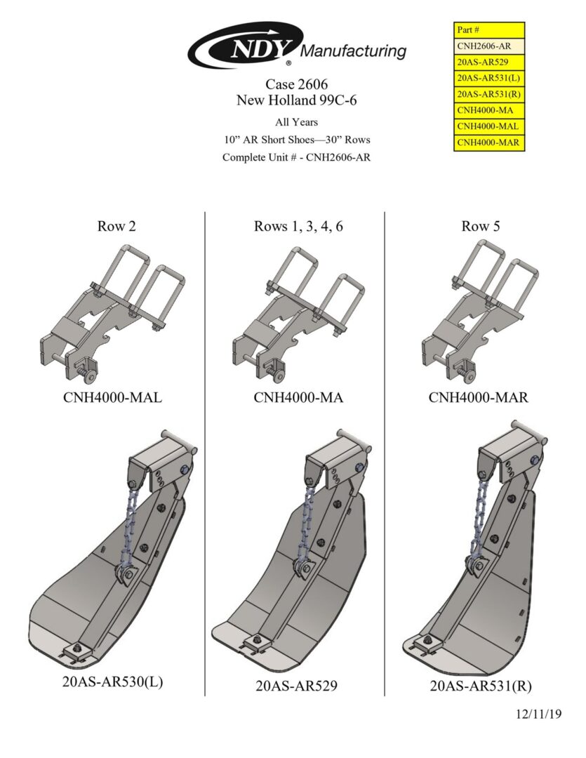 A diagram showing the different parts of a Stalk Stomper for Case 2606 Series and New Holland 99C-6 Series Corn Head machine.