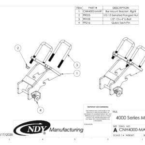A diagram showing the parts for the Stalk Stomper Right Offset Mount Assembly for Case and New Holland 4000/2600 Series Corn Head.