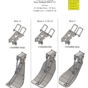 A diagram showing the different parts of Stalk Stompers for Case 4016 and New Holland 980CR-16 Series Corn Head.