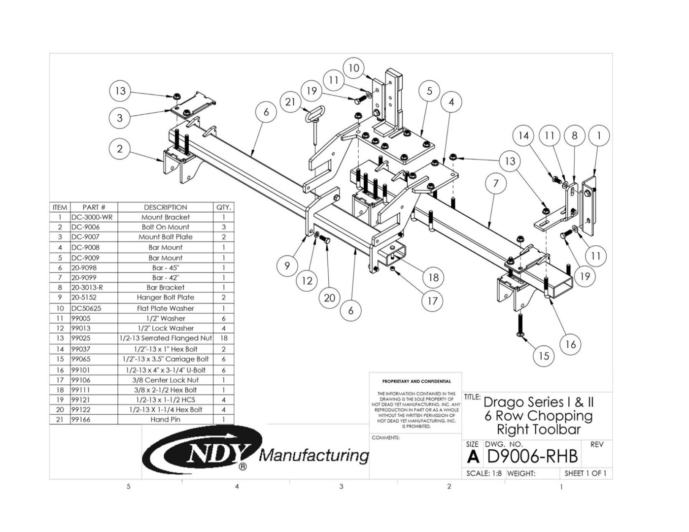 A diagram showing the parts of a Stalk Stomper Right Toolbar for Drago Series I & II 6 Row Chopping Corn Head.