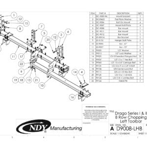 A diagram showing the parts of a Stalk Stomper Left Toolbar for Drago Series I & II 8 Row Chopping Corn Head machine.