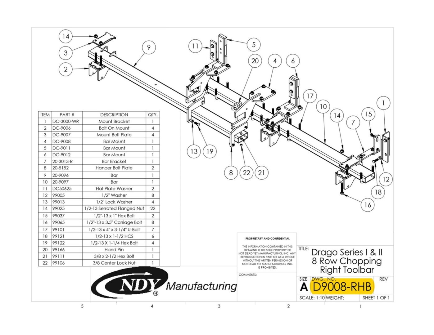 A diagram showing the parts of a Stalk Stomper Right Toolbar for Drago Series I & II 8 Row Chopping Corn Head machine.