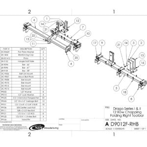 A diagram showing the parts of a Stalk Stomper Right Toolbar for Drago Series I & II 12 Row Chopping, Folding Corn Head.