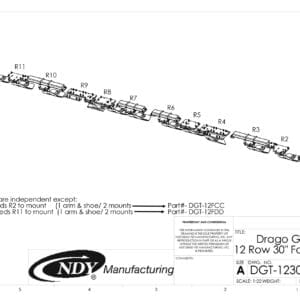 A diagram showing the parts of a Stalk Stomper for Drago GT Series 12 Row Folding Corn Head machine.