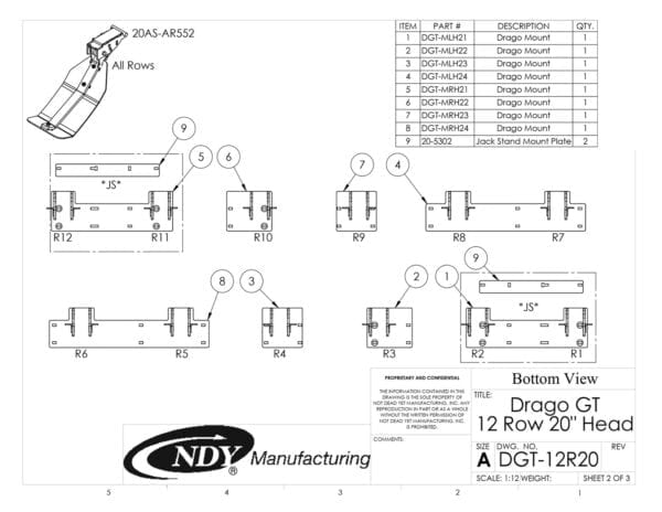 A diagram showing the parts of a Stalk Stomper for Drago GT Series 12 Row 20" Corn Head machine.