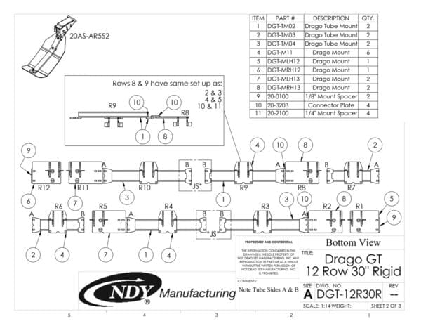 A diagram showing the parts of a Stalk Stomper for Drago GT Series 12 Row Rigid Corn Head.