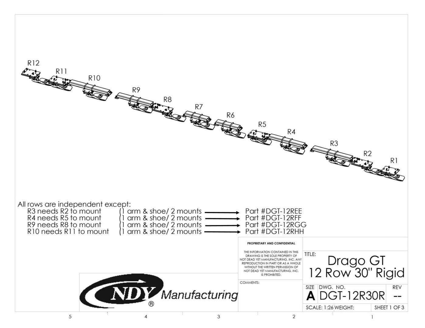A diagram showing the parts of a Stalk Stomper for Drago GT Series 12 Row Rigid Corn Head.