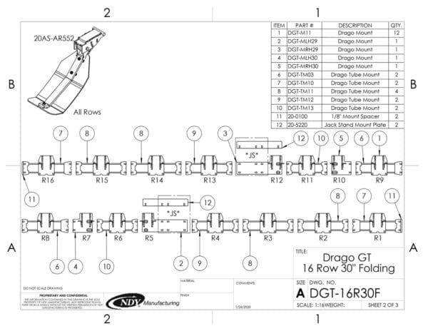 A diagram showing the parts of a Stalk Stomper for Drago GT Series 16 Row Folding Corn Head.